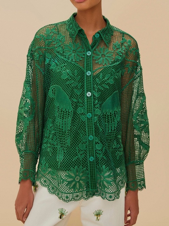FARM Rio Tops - Farm Rio Emerald Guipure Green Landscape Lace Button-Down Shirt